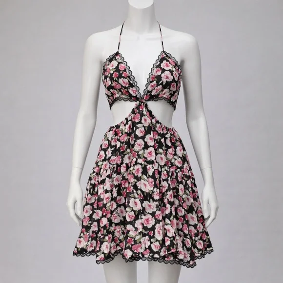 Sky to Moon Floral Cutout Halter Dress 🌸🖤 - Picture 1 of 5